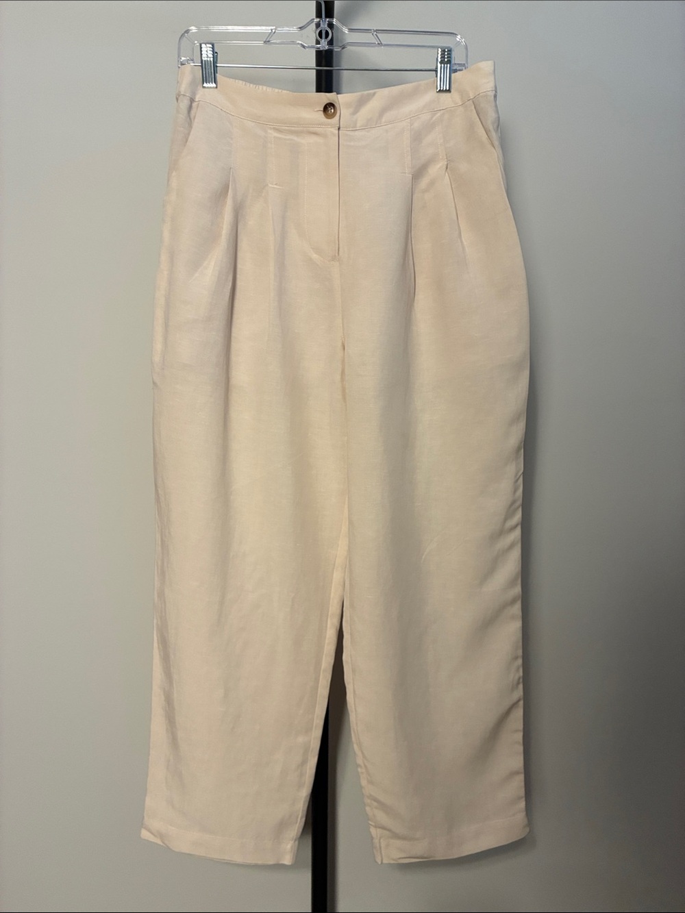 Lost April Cream Pleated Ankle Pants Tencel Linen Blend Elastic Pockets Medium